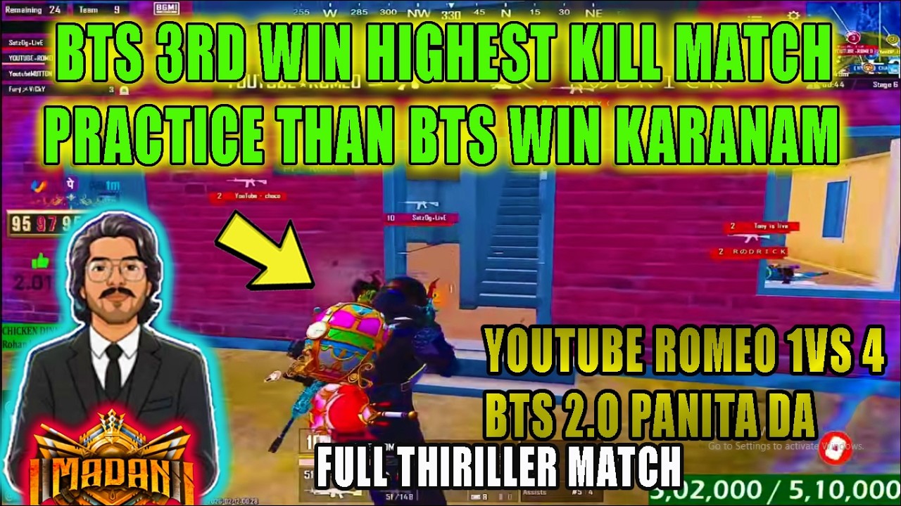 BTS 3RD WIN HIGHEST KILL MATCH YOUTUBE ROMEO 1VS 4 BTS 2.O PANITA DA PRACTICE THAN BTS WIN KARANAM