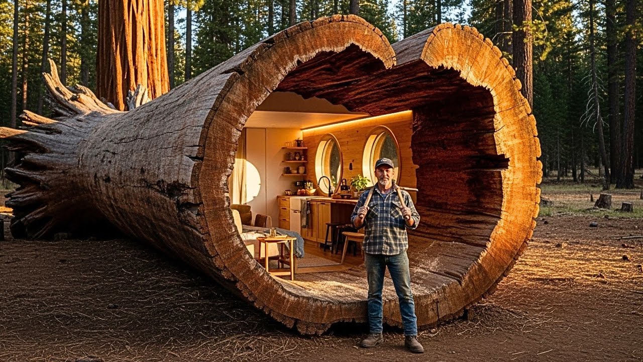 People laughed at his idea! This man carved a modern apartment inside a giant dry sequoia log (ASMR)