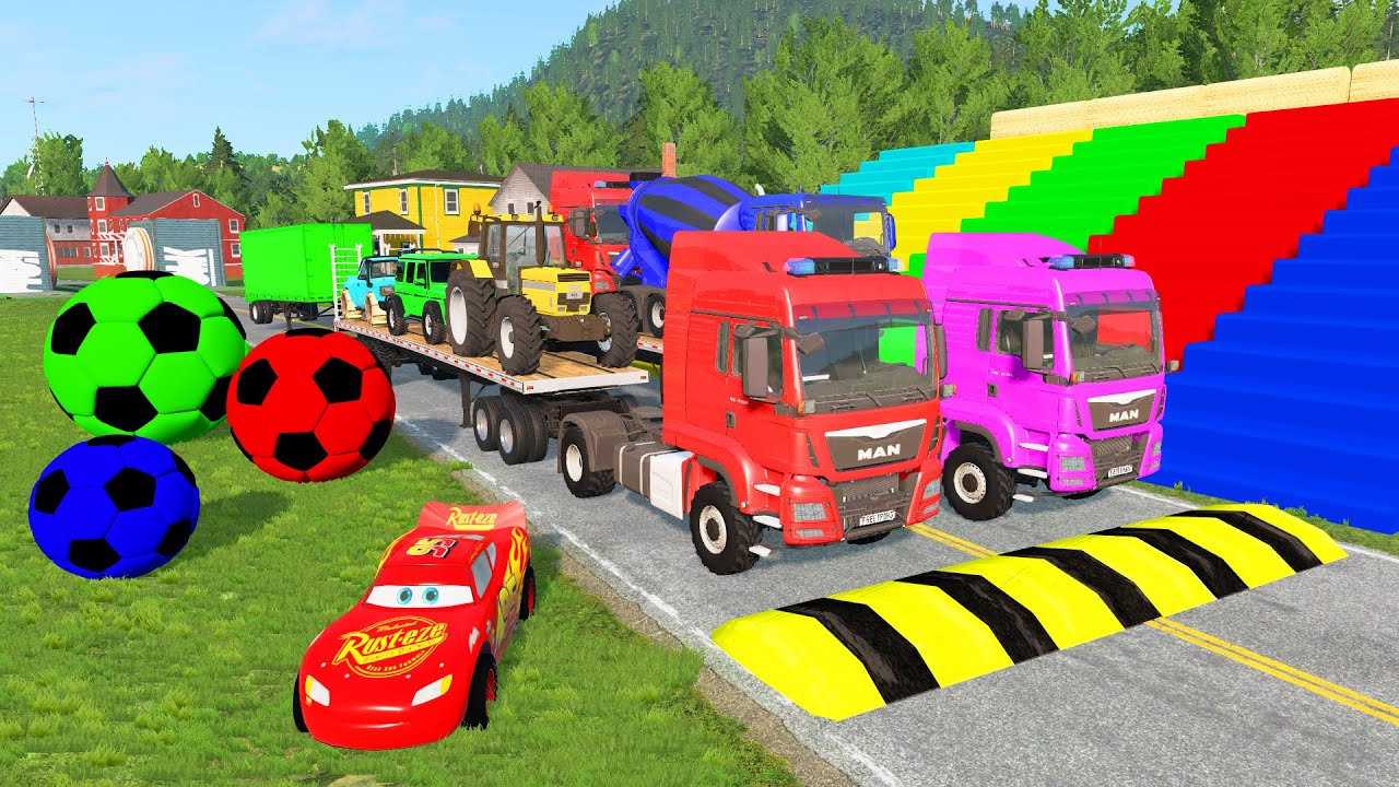 Flatbed Trailer McQueen Transportation with Truck - Speedbumps vs Cars vs Train - BeamNG.Drive #3