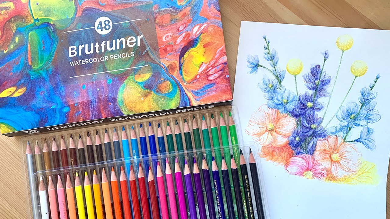 Brutfuner 48 Watercolor Pencils Unboxing/Swatching/Drawing
