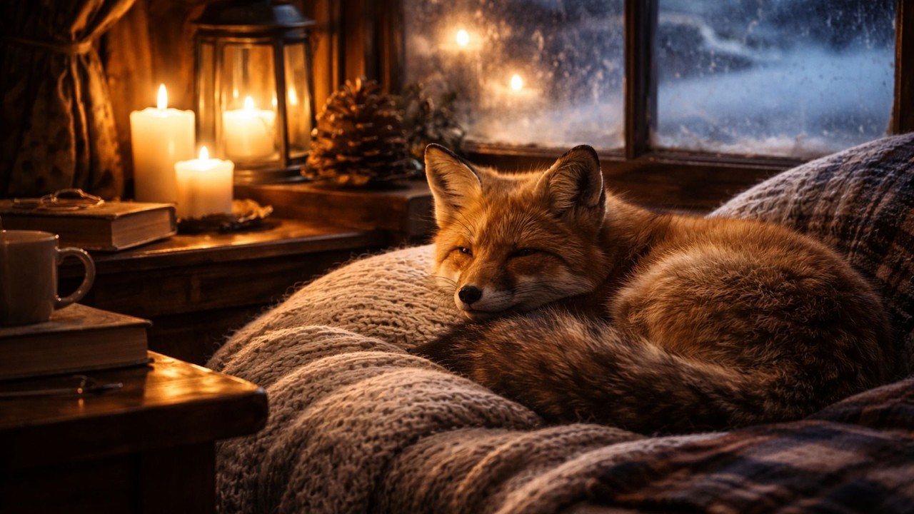 Cozy Winter Night with a Sleeping Fox 🦊 Piano & Candlelight | Relaxing Sleep Ambience