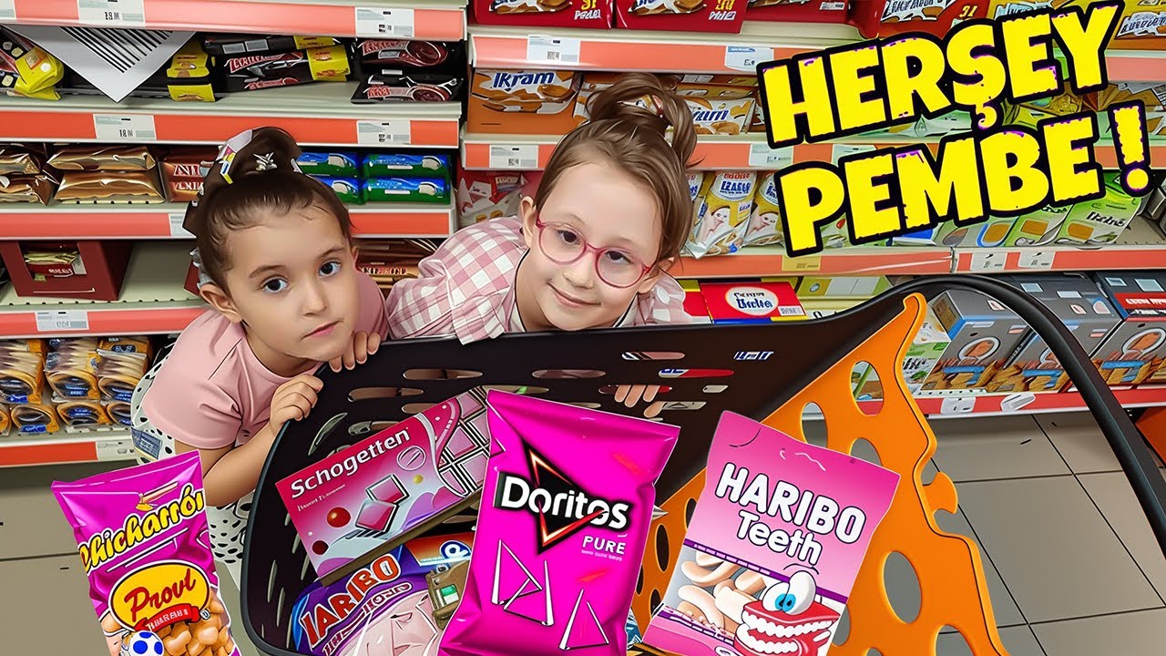 BAHAR VE BANU ALYA İLE MARKETTEKİ PEMBE HERŞEYİ ALDIK !!