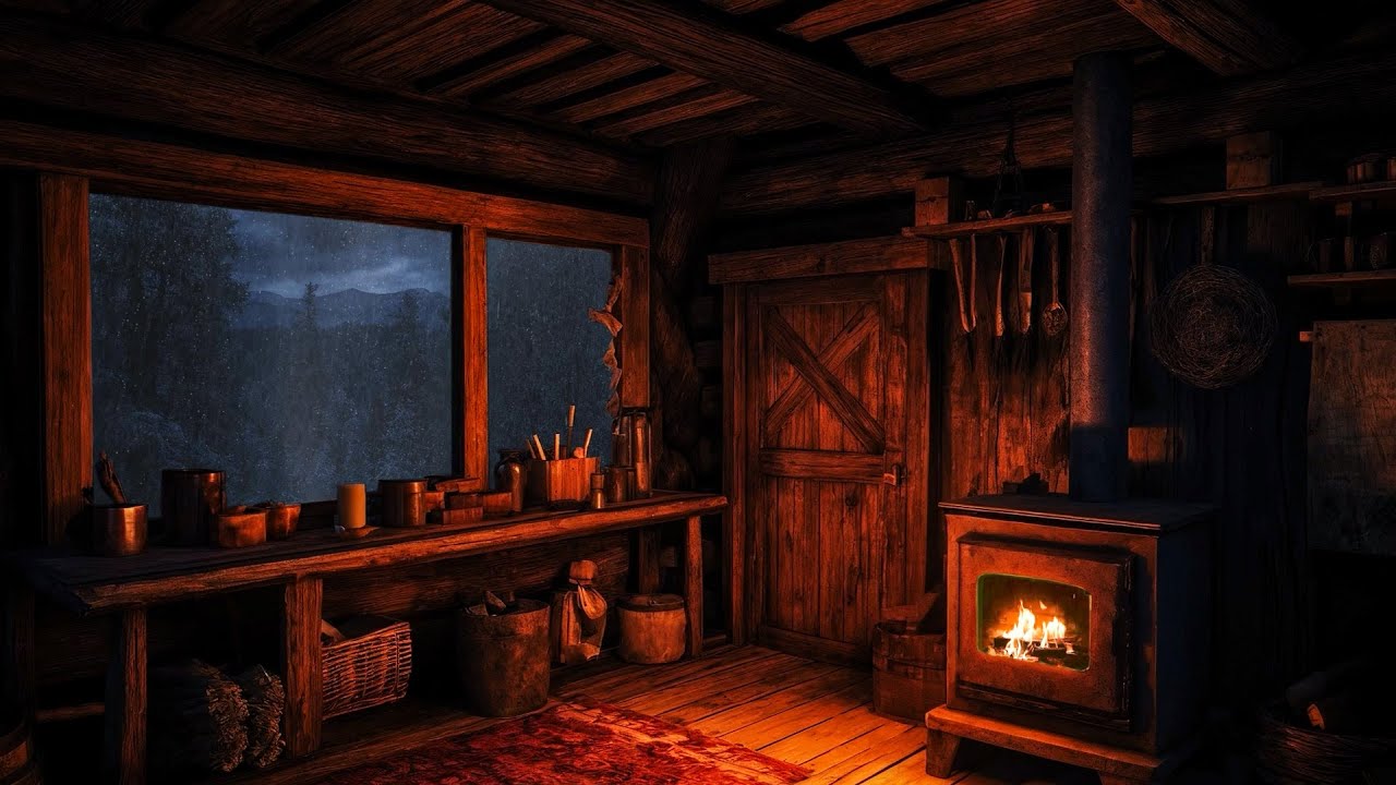 Soft Thunder & Gentle Rain Lull You To Sleep 🌧️ A Cozy Wooden Cabin, Crackling Fire & Coffee 💆‍♀️