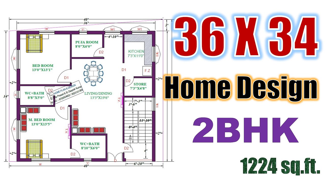 36 X 34 feet home Design | 1224 sqft House Plan | घर का नक्शा