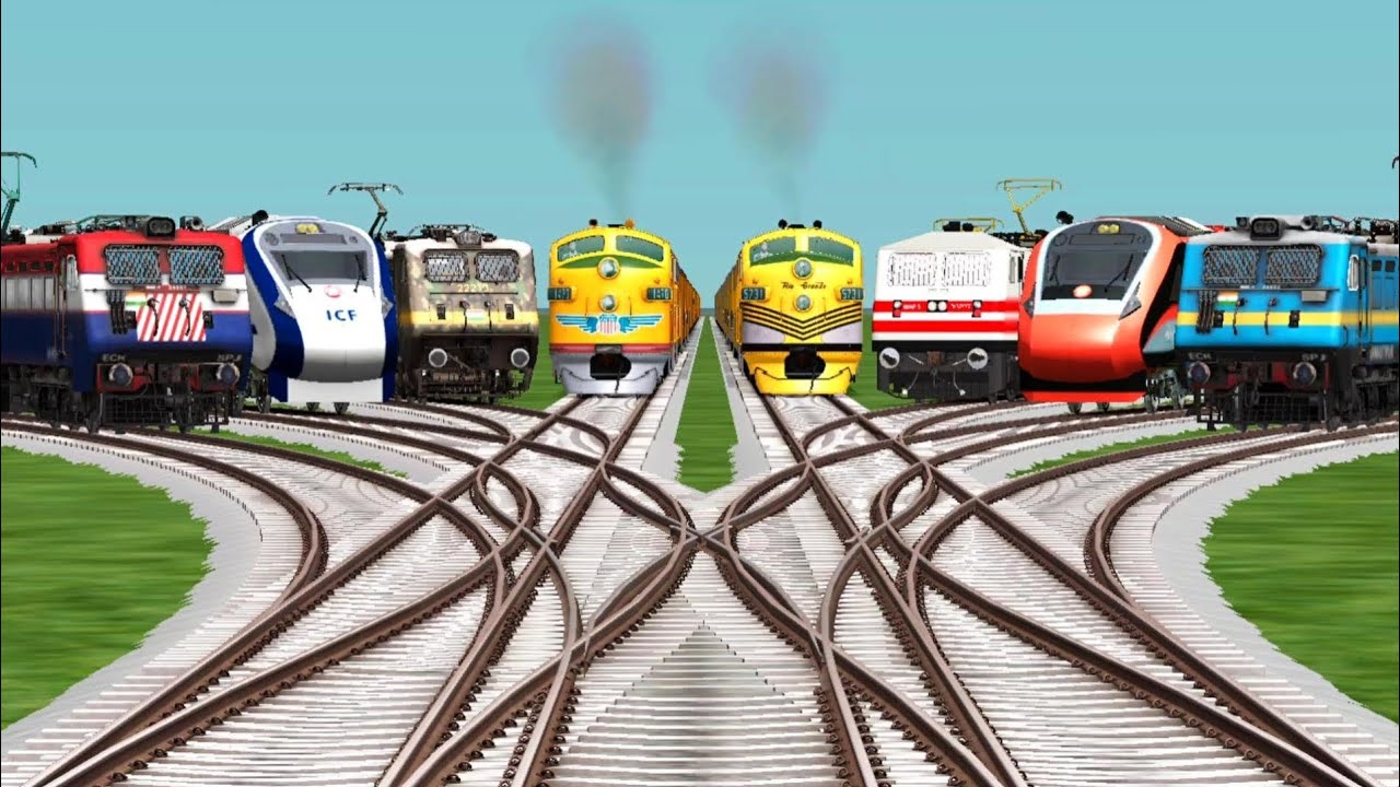 8 Trains Crossing By Curved Branched Railroad Tracks || 3d gameplay || train simulator classic game 