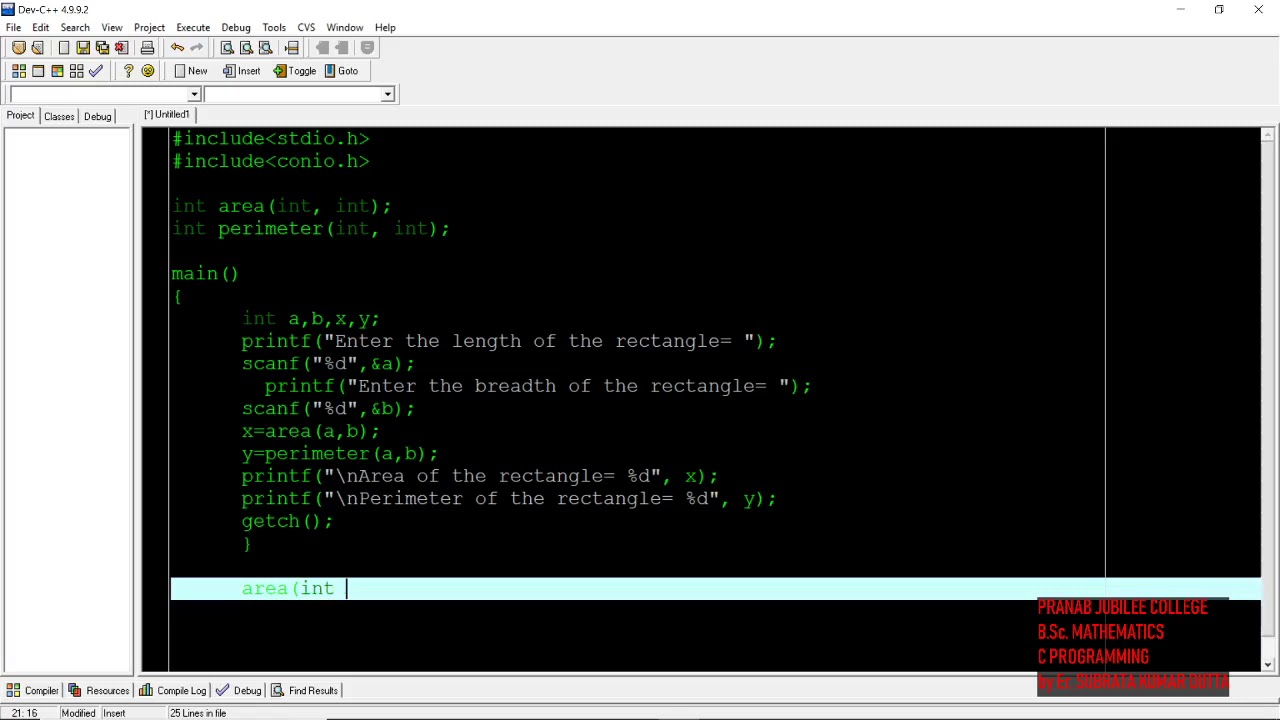 AREA AND PERIMETER OF A RECTANGLE USING FUNCTION IN C PROGRAMMING