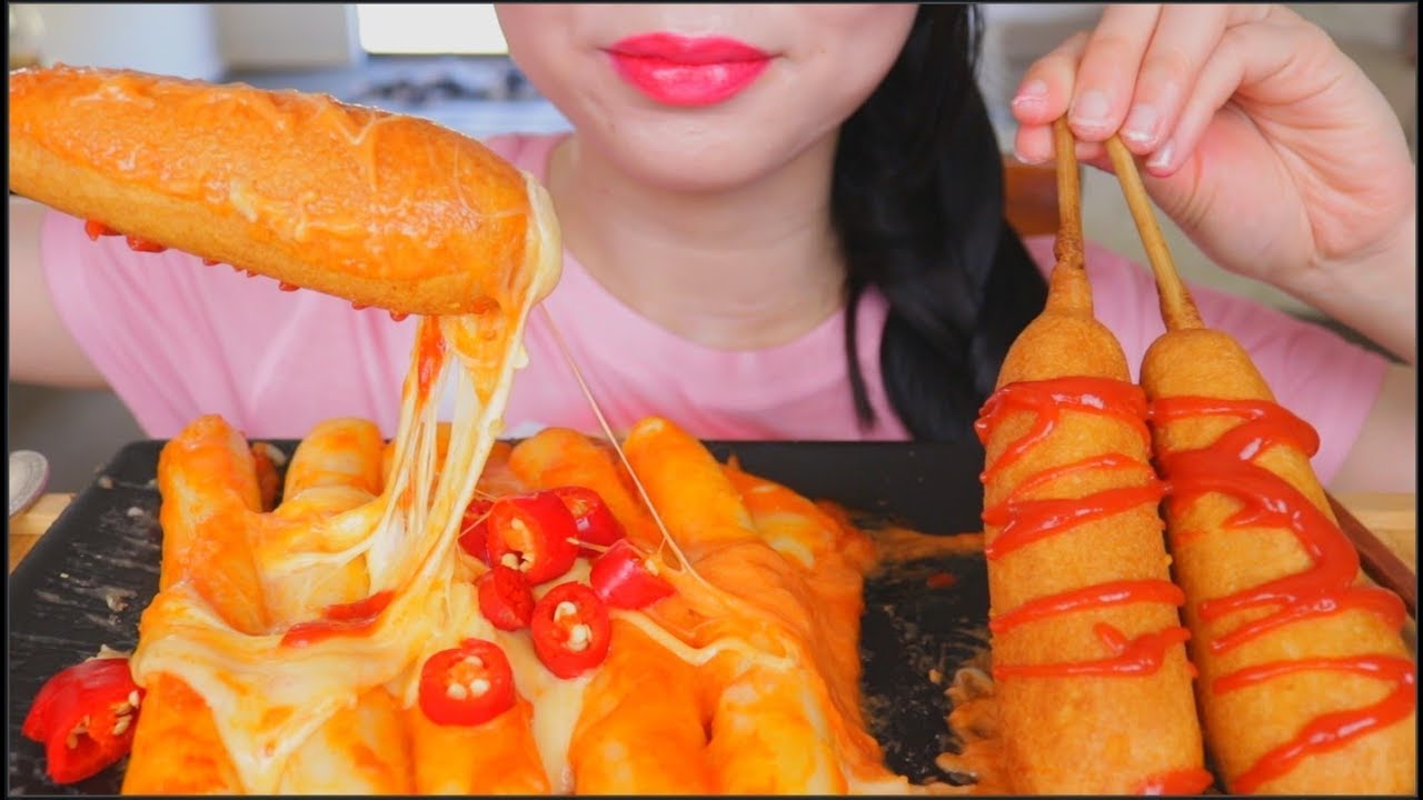 ASMR GIANT SPICY CHEESY RICE CAKES | CORN DOGS | EATING SOUNDS | NO TALKING