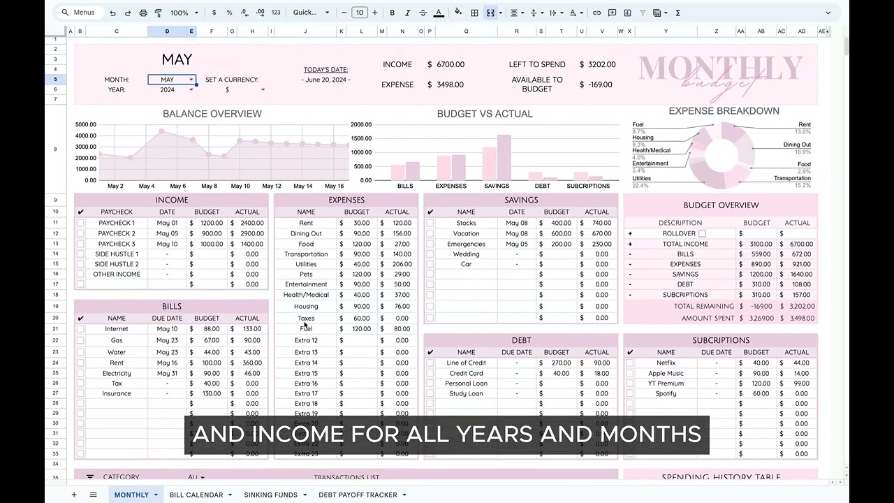Monthly Budget + Bill Calendar + Savings Tracker + Debt Payoff Tracker Google Sheets Tutorial