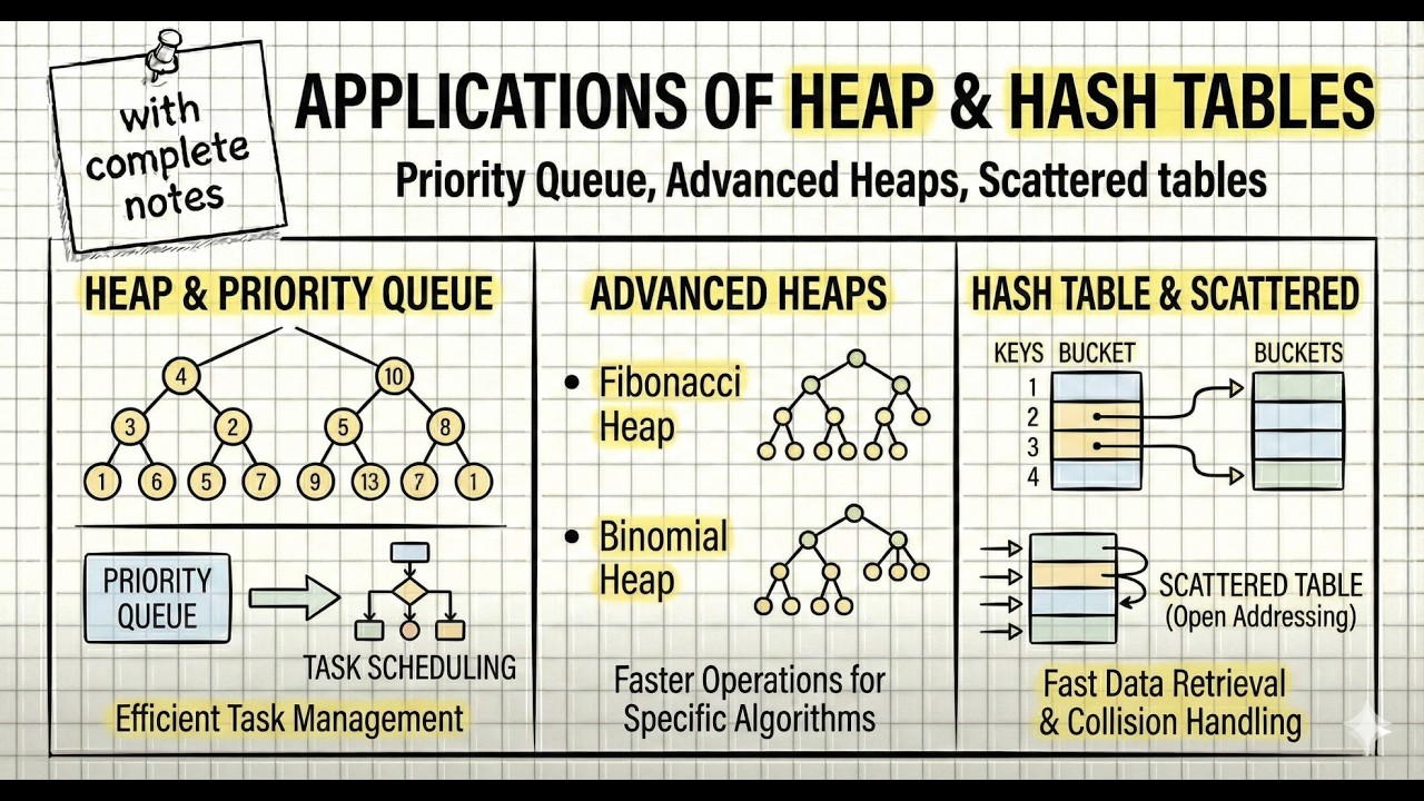 Applications of heap (Priority Queue), Advanced Heaps Hash Table, Scattered tables in 6 minutes