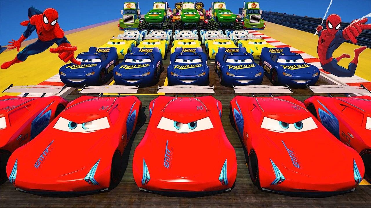 GTA 5 SPIDERMAN Cars Challenge Lightning & Monster McQueen Jackson Storm Miss Fritter & Friends Cars