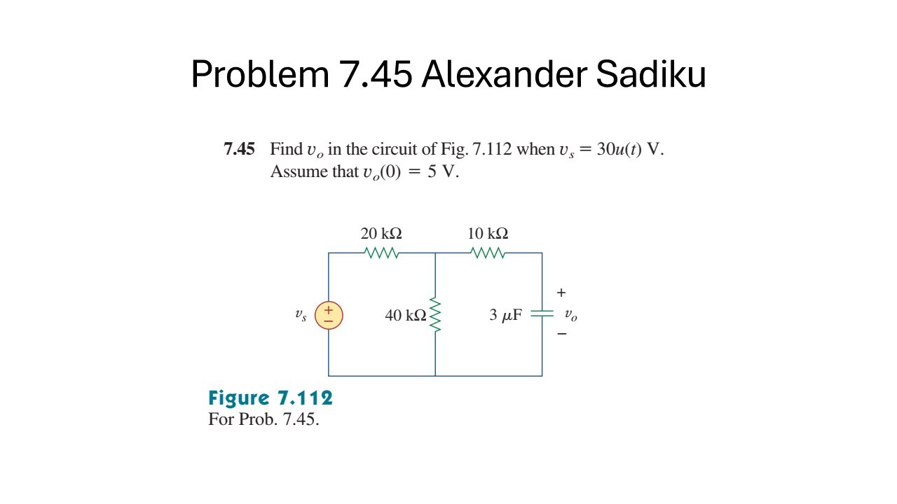 Problem 7.45 - Find vo in the circuit of Fig. 7.112 when vs=30u(t)V. Assume that vo(0)=5 V.