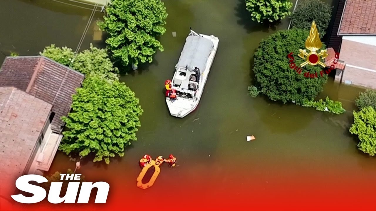 Incredible drone footage shows flooded towns in Italy's northern region