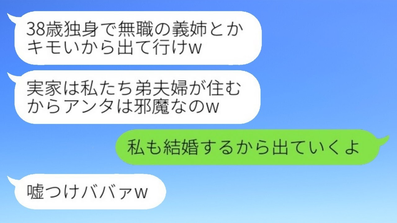 弟夫婦が結婚式の後に実家に住んでいる。弟の妻が「38歳で独身無職なんて気持ち悪いから出て行け」と言った結果、義姉に追い出された人の結婚相手を知った義妹の驚きの反応が面白い。