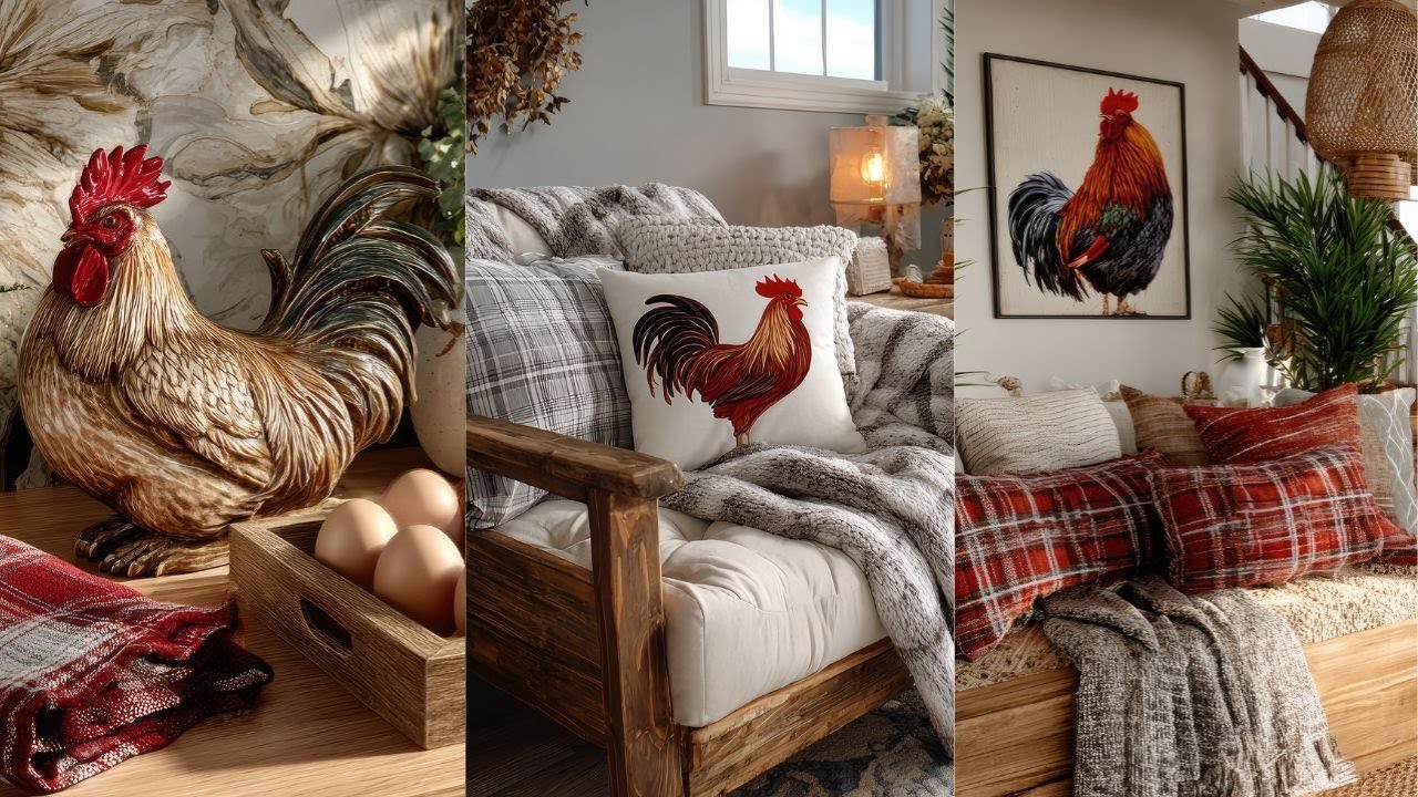 Seasonal Farmhouse Style on a Budget  Rustic Rooster Charm + Red Plaid in a Minimalist Home