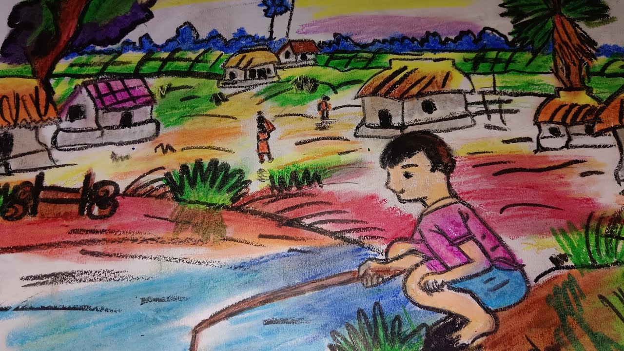 Village Scenery Drawing/Village lifestyle drawing/a boy fishing 🎣 drawing easy......