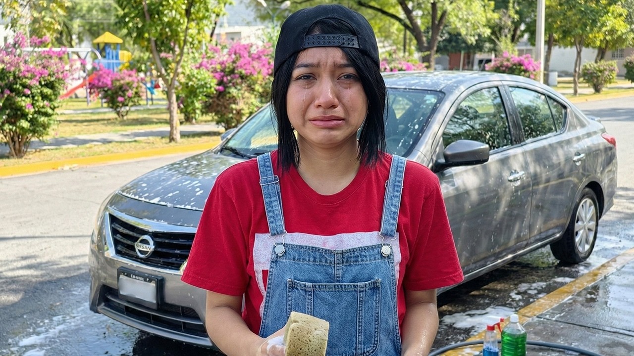 Jovencita lavacoches limpia camioneta sin saber que era para ella 😭 su reacción vale oro