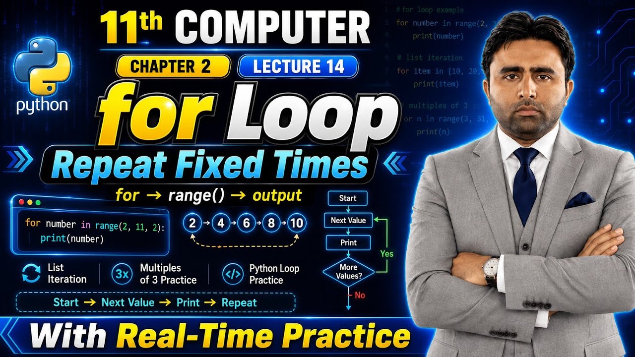 For Loop in Python programming | 11th Class Computer Science Chapter 2 Python Programming | Qais Ali