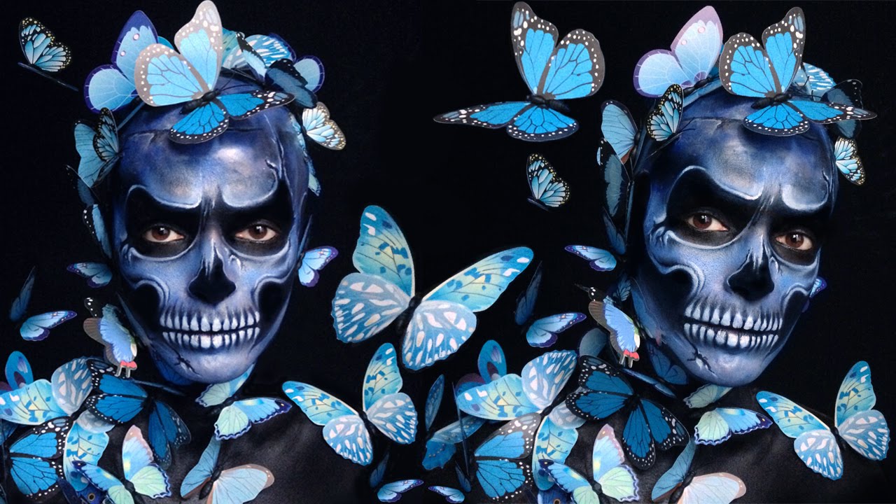 Halloween Blue Butterfly Skull makeup transformation