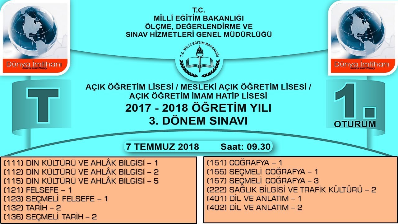 7 TEMMUZ 2018 / MEB / AÇIK ÖĞRETİM LİSESİ / 3. DÖNEM