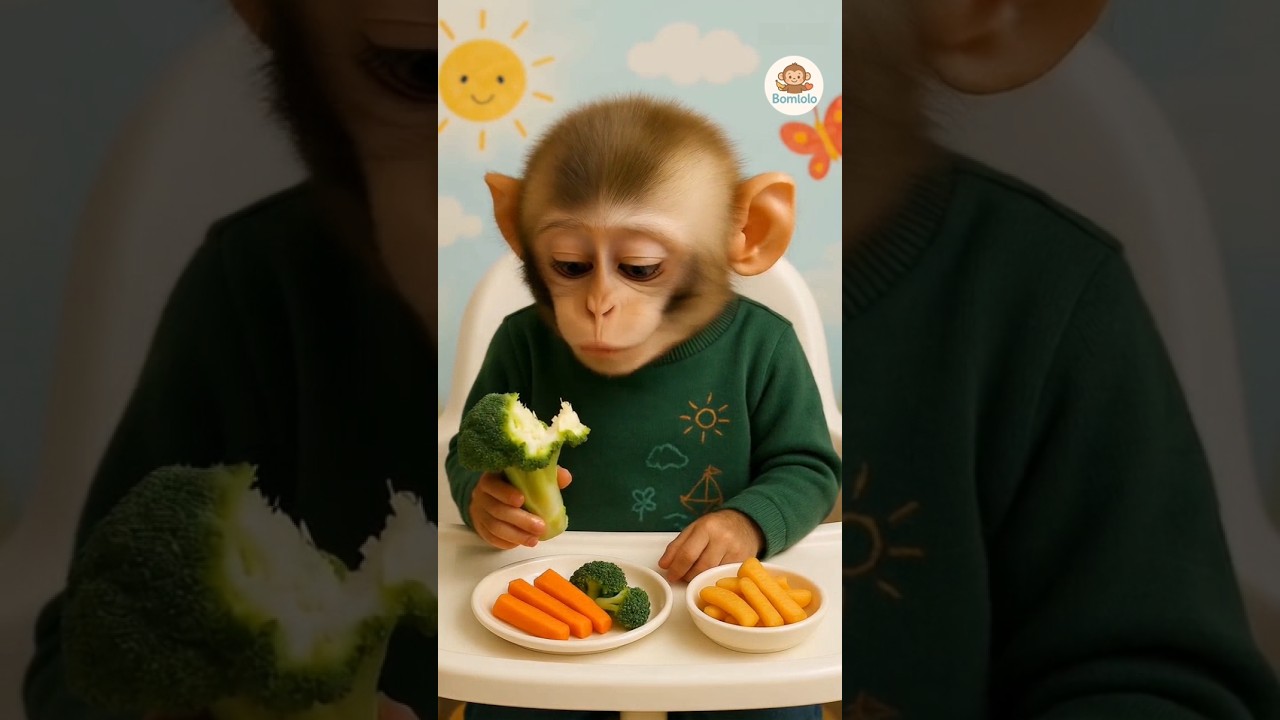 baby monkey eating broccoli 🥦