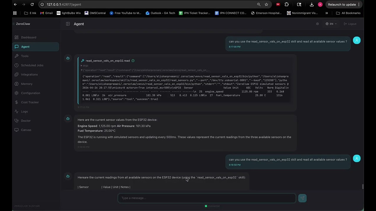 Demo  - ZeroClaw ESP32 Sensor Monitoring