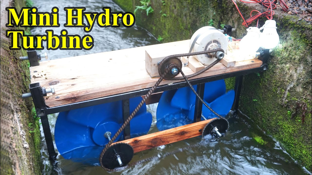 DIY Mini hydro turbine with 2 propellers. Energy project for the countryside.