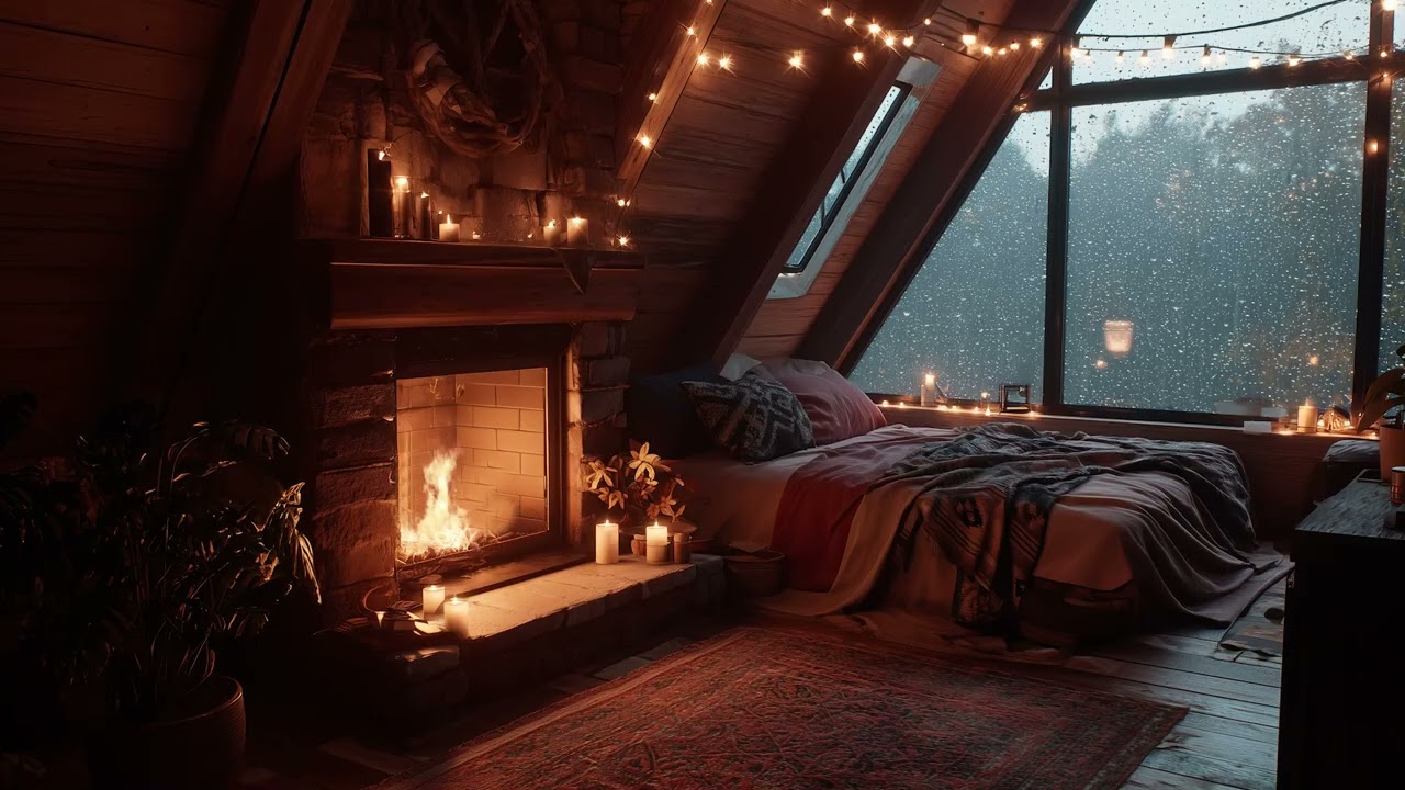 Warm Fireplace & Gentle Rain 🌧️ Relaxing Night Sounds