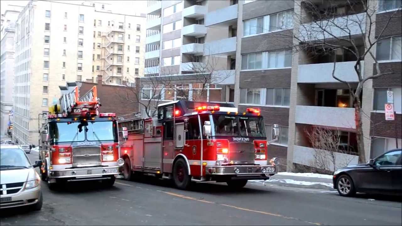 6 MONTREAL FIRE TRUCKS / 1 CHIEF RESPONDING DOWNTOWN