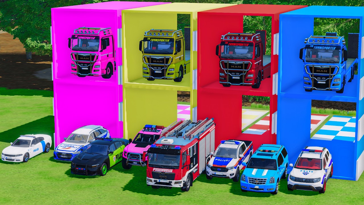 TRANSPORTING ALL POLICE CARS AND FIRE VEHICLES WITH A MERCEDES POLICE TRUCK !! FS22 #2