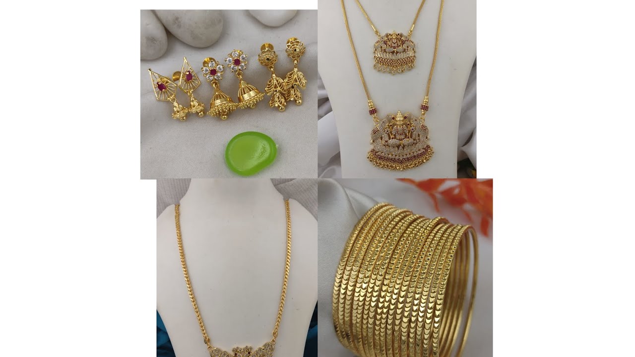 Gold polish dollar chain, bangles, earrings collection. WhatsApp 99525 05778, 82176 75490 