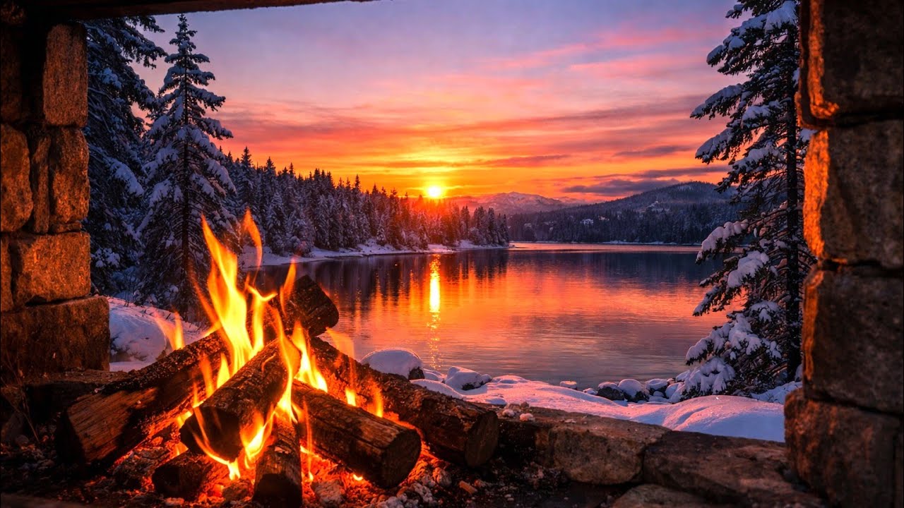 Winter Sunset Lake | 7/24 LIVE ❄️ Crackling Fire Sounds for Sleep