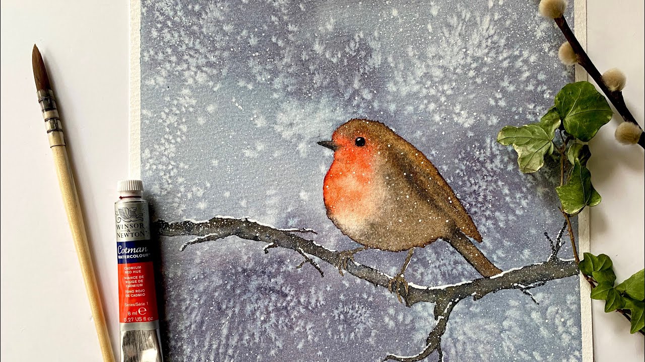 USE SALT & Paint A SNOW STORM & ROBIN Watercolor Landscape TUTORIAL Watercolour New Years Eve Demo