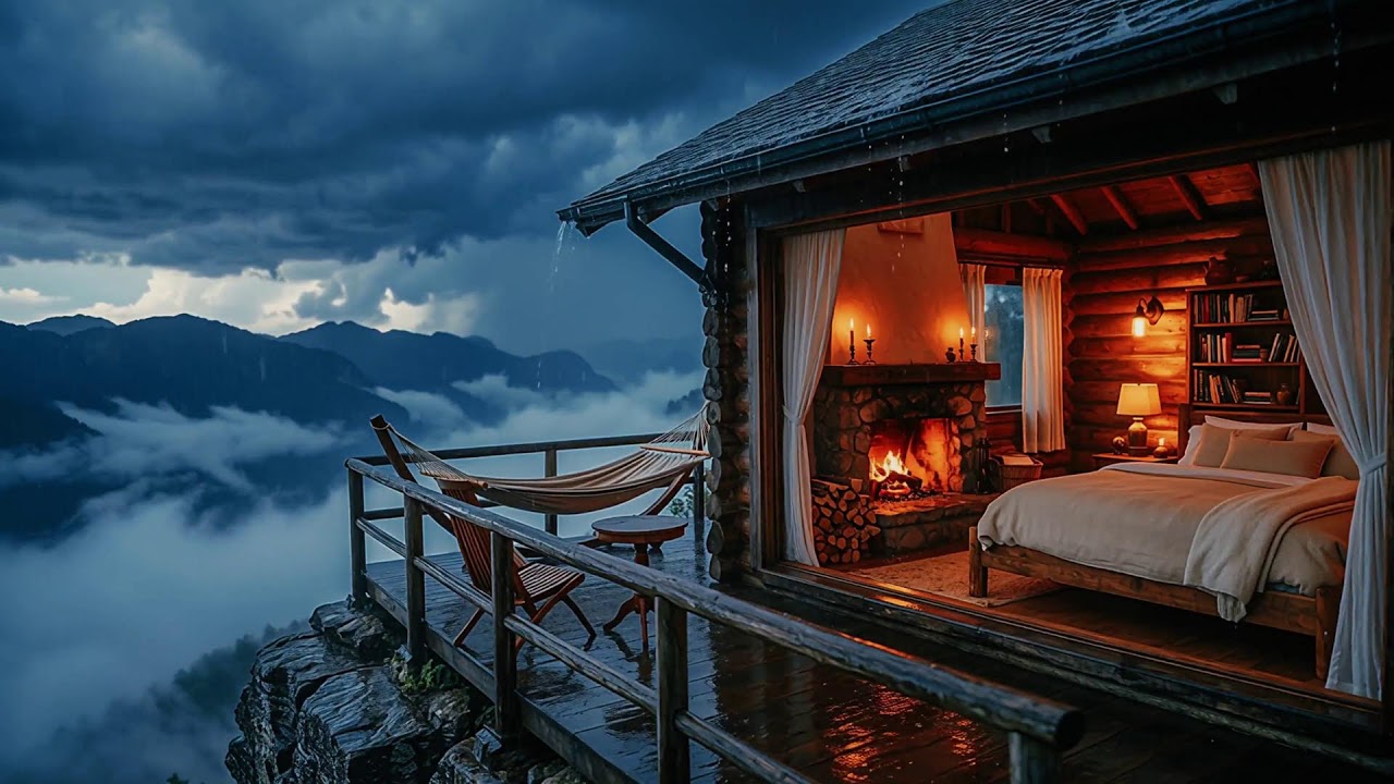 Relaxing POV: Heavy Rain & Fireplace Sounds  for Deep Sleep, Study & Relaxation   No Ads Sleep Aid