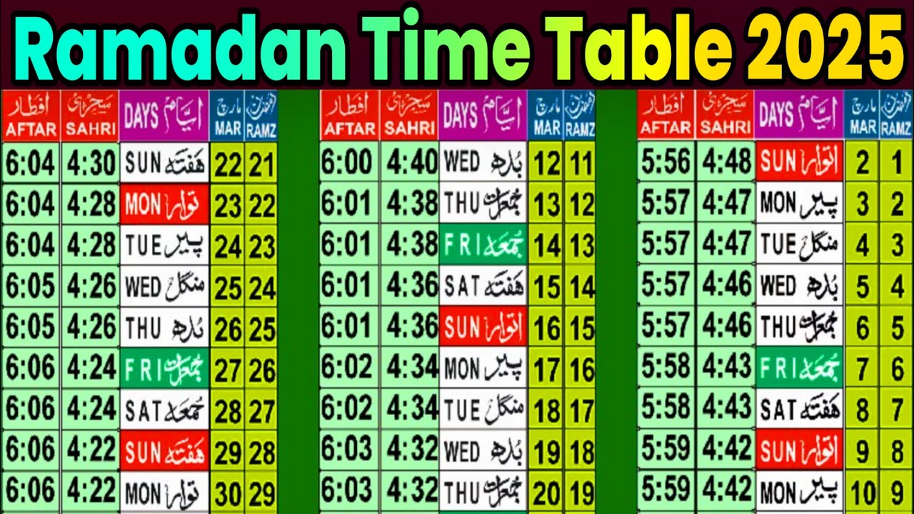 Ramzan Calendar 2025 | Sehri Iftar Time table 2025 | Ramadan time table in india