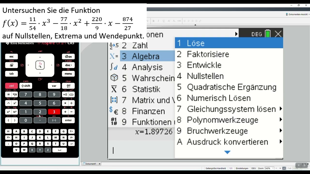 Analyse einer kubischen Funktion: Nullstellen, Extrema, Wendepunkt mit dem TI nspire CX CAS