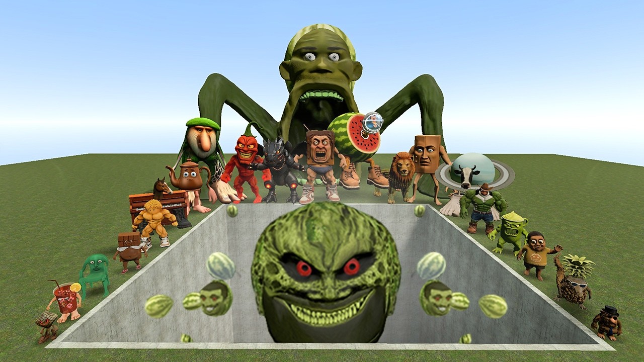 AI Brainrot Memes vs Lin Gang Melon Moon Bosses in Giant Pit – Gmod Chaos