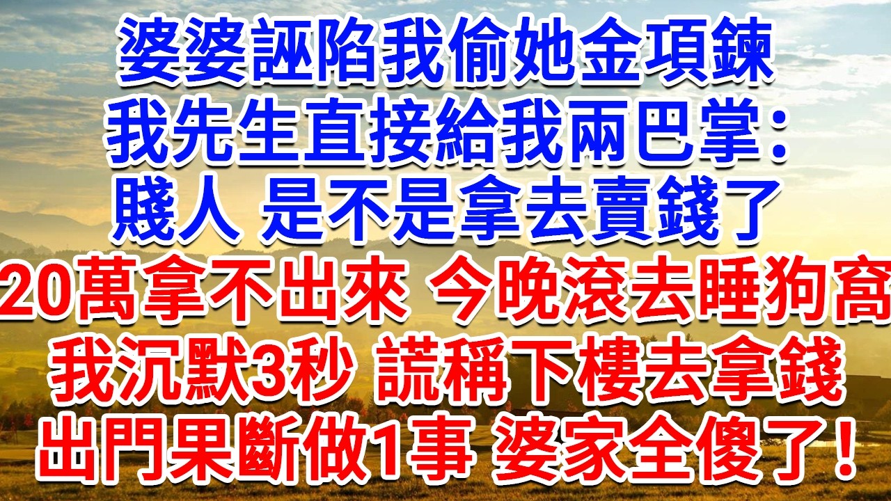婆婆誣陷我偷她金項鍊，我丈夫直接給我兩巴掌：賤人 是不是拿去賣錢了， 20萬拿不出來今晚滾去睡狗窩，我沉默3秒謊稱下樓去拿錢，出門果斷做1事 婆家全傻眼了！#情感故事#故事#小說#戀愛#情感#婚姻