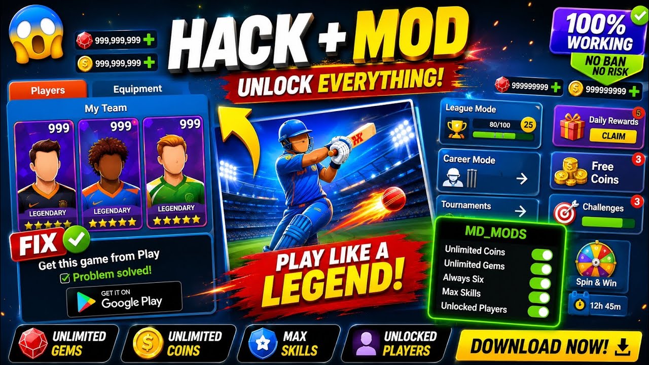 Cricket League Latest Hack Mod APK 100% Working (Unlimited Money, Coins, and Gems)