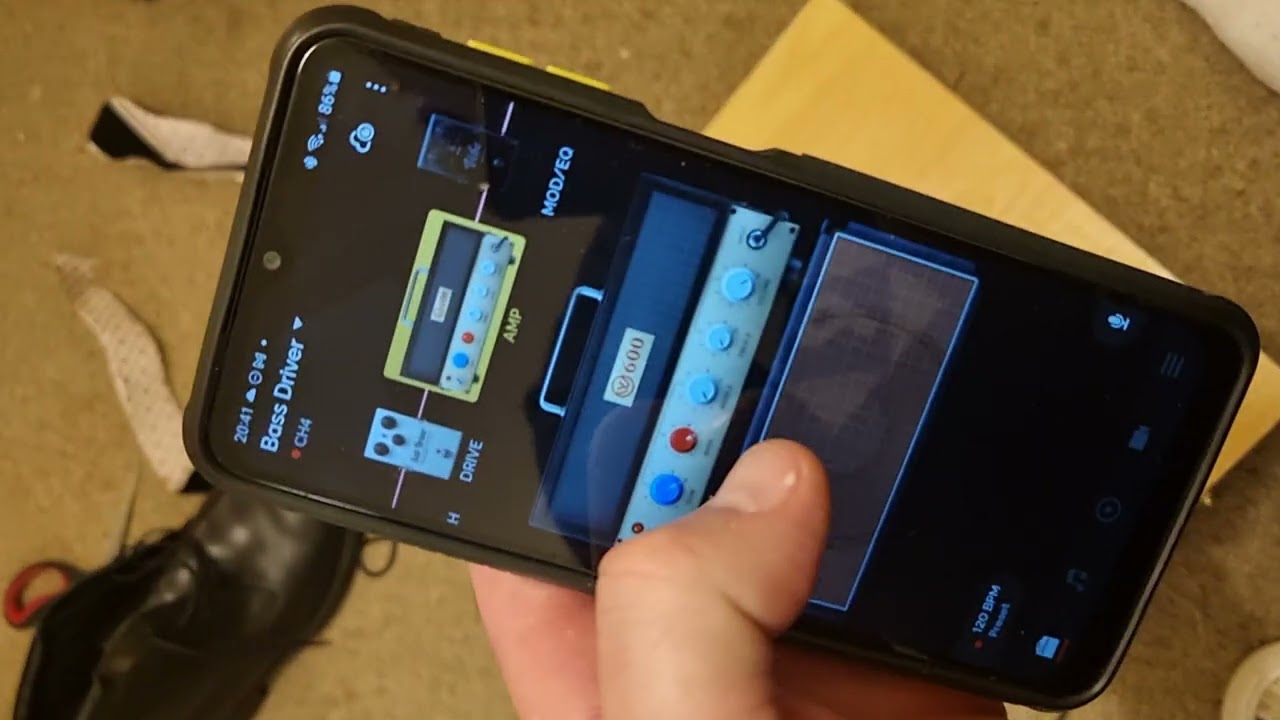 Running a homemade stomp box through a Positive Spark GO effects amp, using Bass driver preset 
