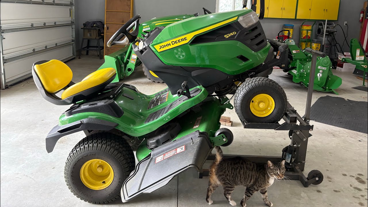 John Deere S240 yearly maintenance- and new blades, also Dak the barn cat stops by 🐈