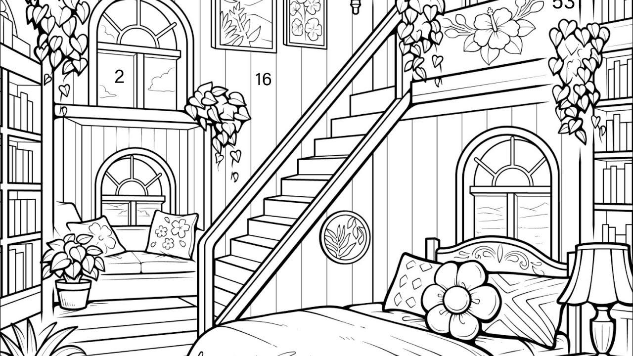 Bedroom with Staircase Green Plants Design Decor Color Oasis #PaintbyNumbers #coloringbook