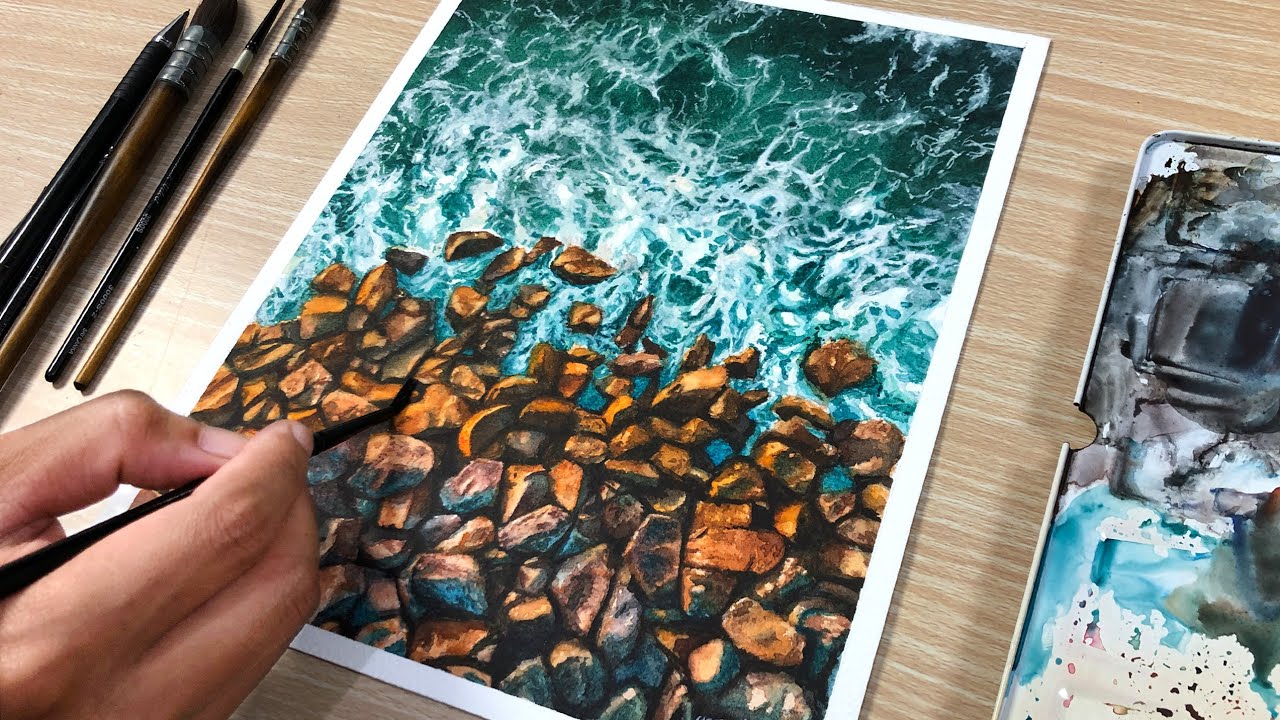 Painting Sea Waves and Stones in Watercolor