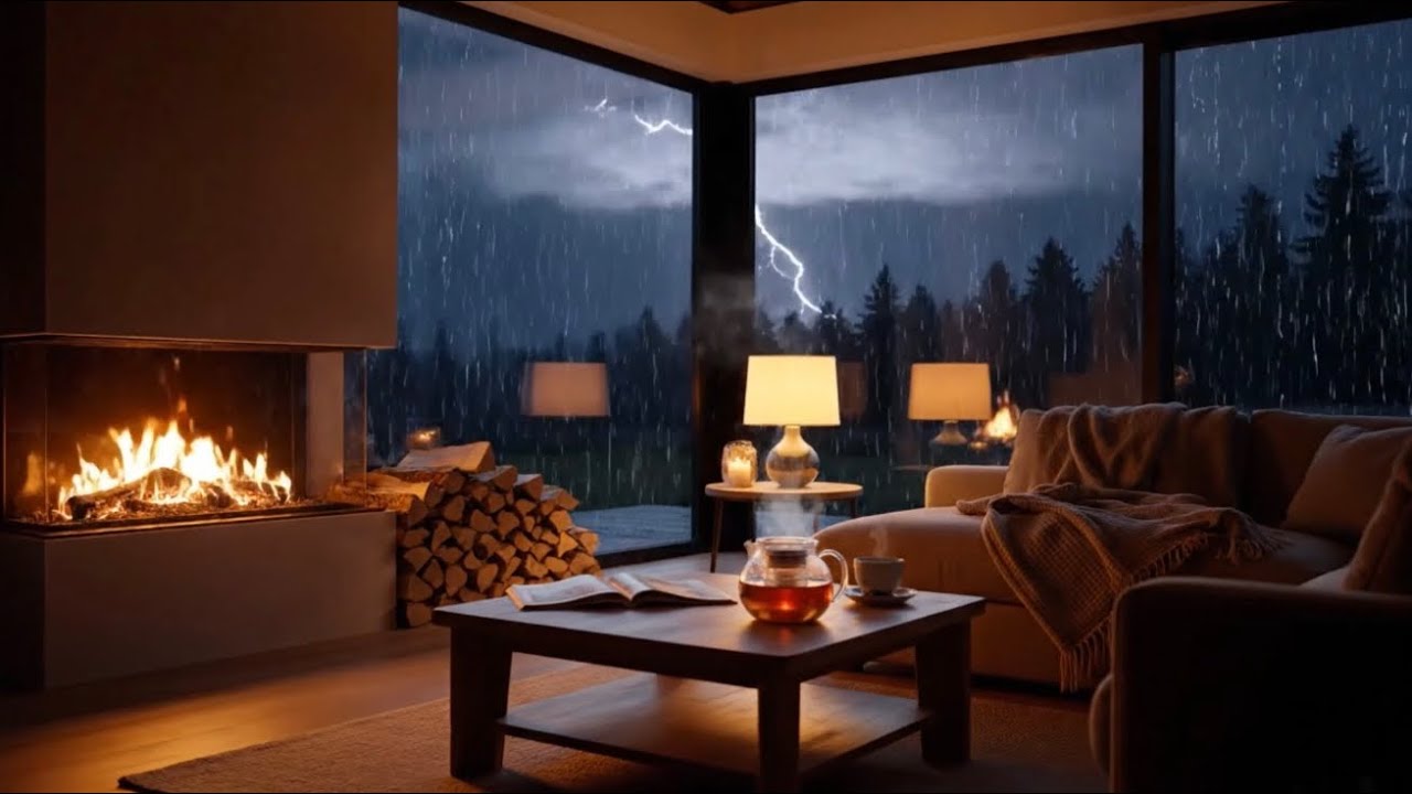 Cozy Fireplace with Rain & Thunderstorm 🌧️🔥 Deep Relaxation (2 Hours)