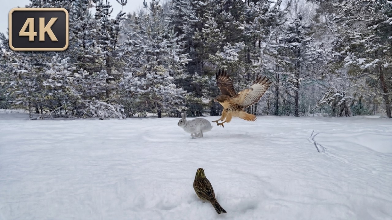 Soft Falling Snow ❄️ Calm Winter Forest Atmosphere + Occasional Bird Visits  Cozy Cat TV