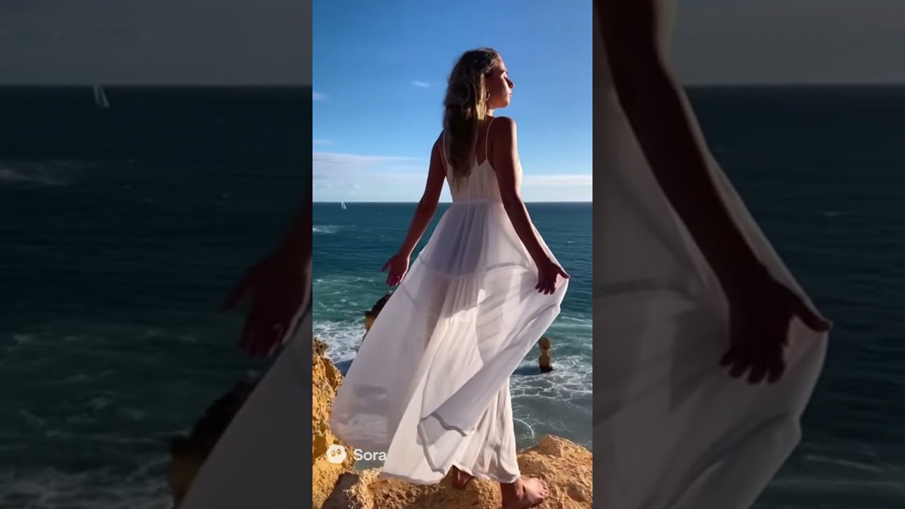 She stands on a rocky cliff in Algarve, Portugal - Sora 2  #sora2 #travel #portugal  #algarve
