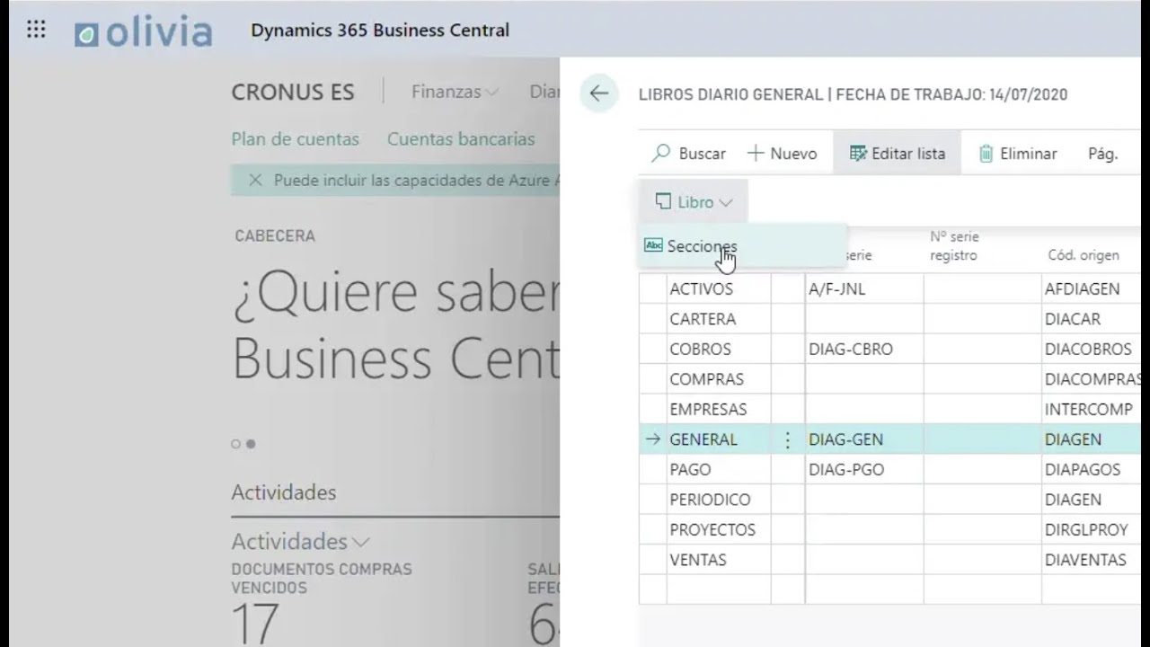 Trabajar con diarios en Business Central
