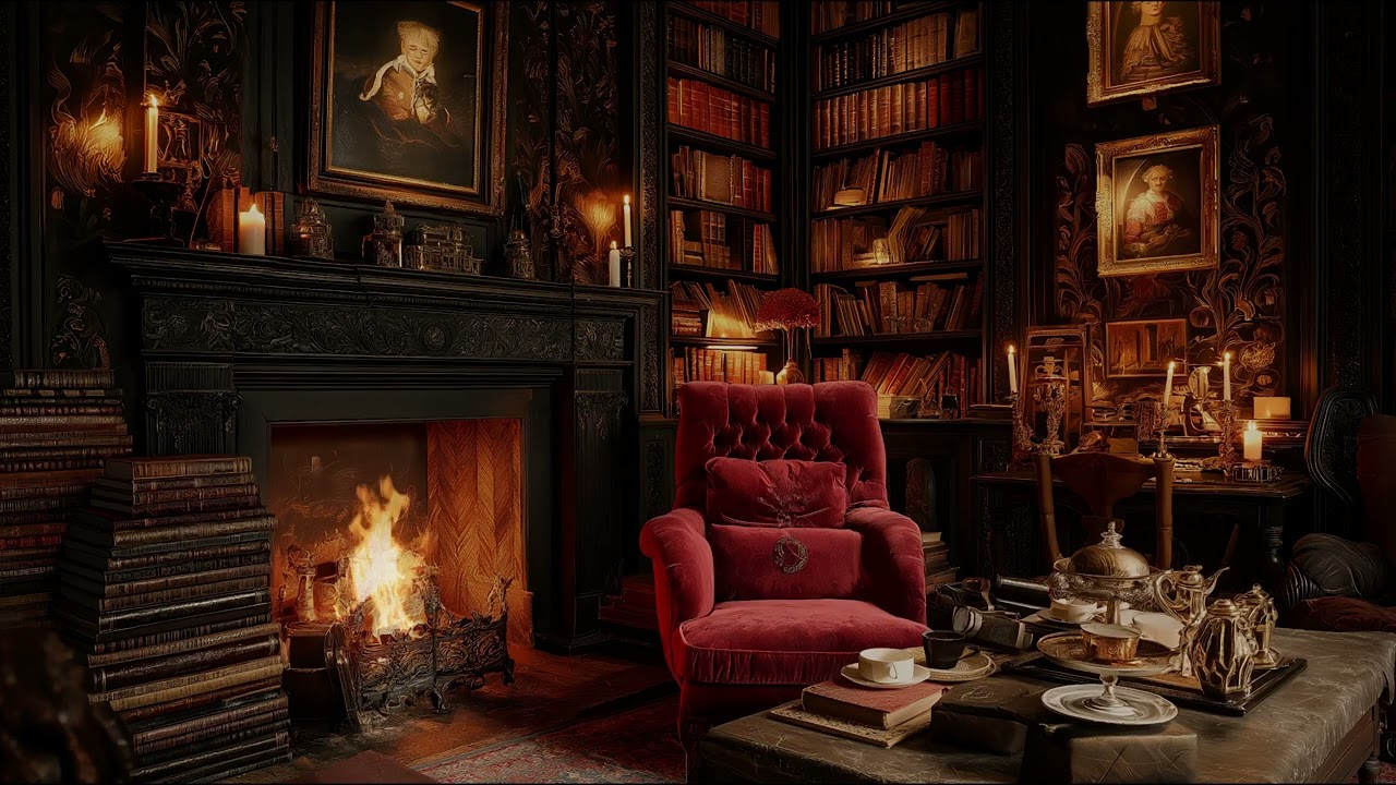 Relaxing Night Library Fireplace Ambience with Fire Crackling Sounds for Sleep and Inner Peace