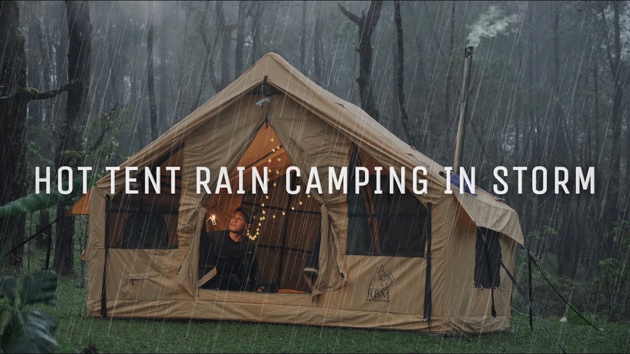 HOT TENT RAIN CAMPING IN STORM &bull; SOLO CAMPING IN HEAVY RAIN AND RAINSTORM &bull; ASMR