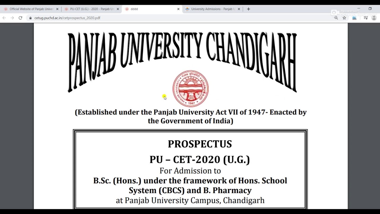 |PANJAB UNIVERSITY | Admission Process 2020 | PU-CET 2020| Important Dates | Admission Form Out |