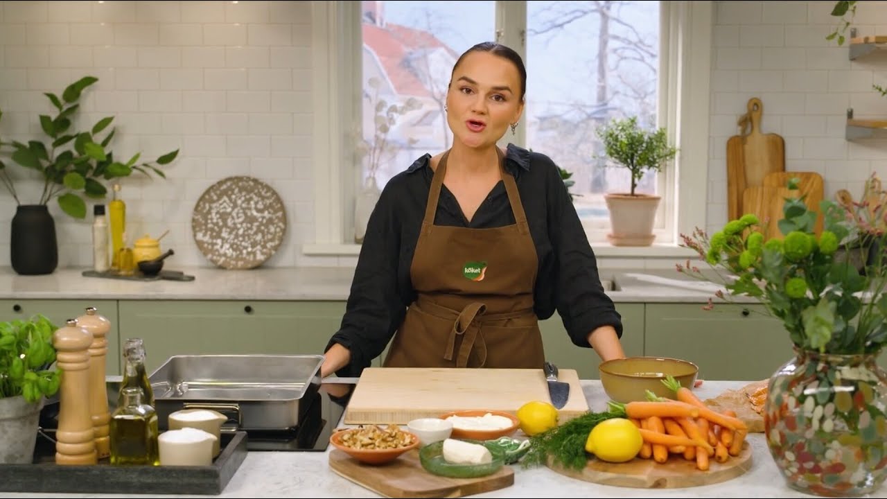 Morötter med citronkräm, honungsrostade valnötter och varmrökt lax - Köket
